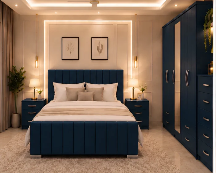 Luxury King Size Bed Furniture Set – Five Door Wardrobe with One Full Length Mirror & Four Bottom Drawers – Chest of Five Drawers with Two Bed Side Tables
