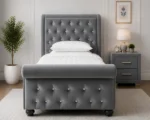 Luxury Grey Sleigh Single Bed with Button Tufted Headboard-Single Bed with Mattress