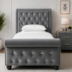Luxury Grey Sleigh Single Bed with Button Tufted Headboard-Single Bed with Mattress