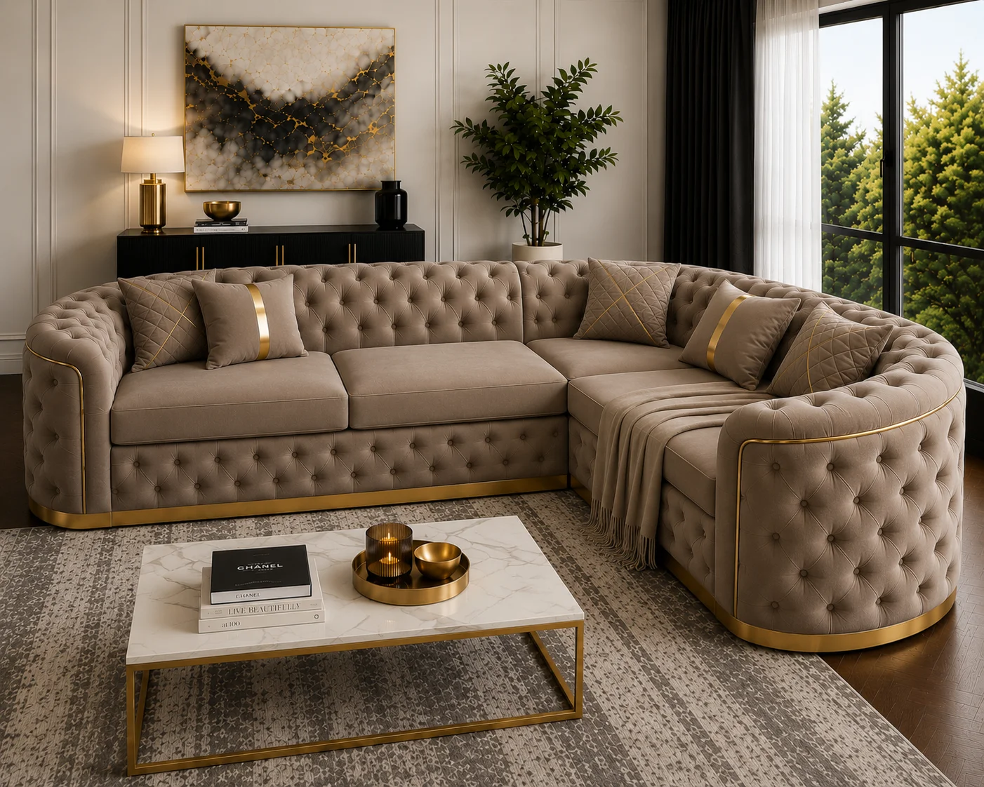 Imperial Tufted Corner Sofa with Gold Accents Imperial Tufted Corner Sofa with Gold Accents | Luxury L-Shaped Velvet Chesterfield Sofa UK - Image 1