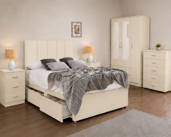 Modern Storage Cream King Size Bed Set - 3 Door Wardrobe With Four Drawer - Chest of Five Drawers With Two Bed Side Table