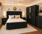 Designer Wooden King Bedroom Furniture With Five Door Wardrobe With One Long Mirror - Chest of Five Drawers With Two Bed Side Table - Image 2