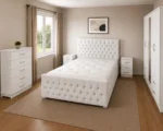 Grand Luxury King Size Bed Furniture Set - Five Door Wardrobe With One Mirror And Four Bottom Drawers - Chest of Five Drawers With Two Bed Side Tables