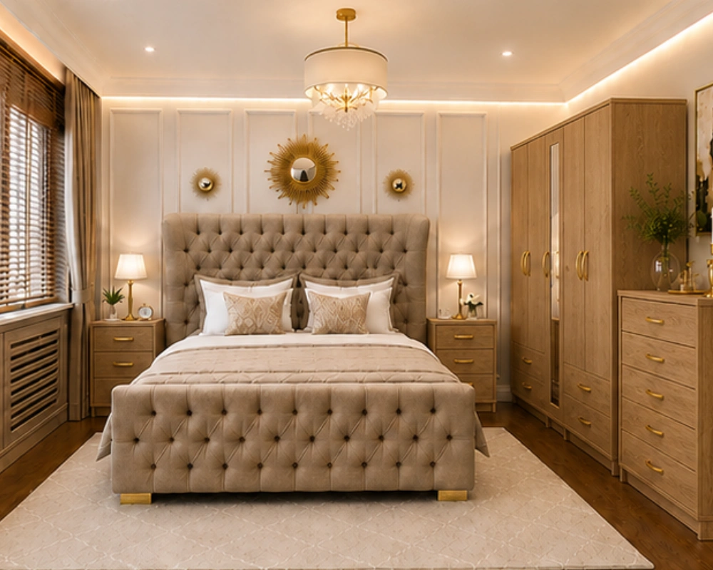King Size Bedroom Furniture Set with 5 Drawer Chest & Storage Wooden King Bed Furniture Set With Five Door Wardrobe With One Long Mirror - Chest of Five Drawers With Two Bed Side Table - Image 1