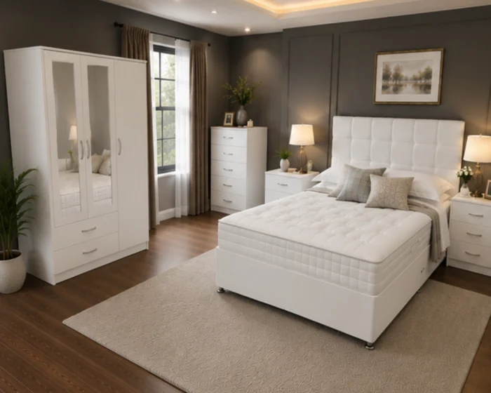 Elegant King Bed with Three Door Wardrobe With Four Drawer - Chest of Five Drawers With Two Bed Side Table