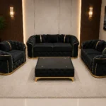Luxury Black Velvet 3+2+1 Seater Chesterfield Sofa Set with Gold Trim