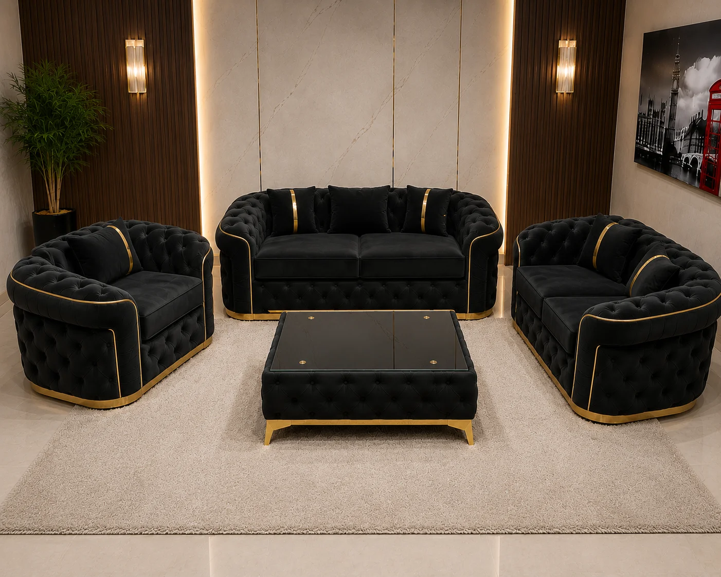 Luxury Black Velvet Chesterfield Sofa Set with Gold Accents Luxury Black Velvet 3+2+1 Seater Chesterfield Sofa Set with Gold Trim - Image 1
