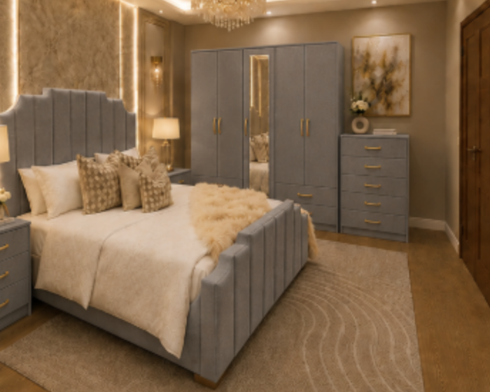 Master Bedroom King Bed Set - five Door Wardrobe With Four Drawer - Chest of Five Drawers With Two Bed Side Table
