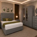 Premium King Size Bed Furniture Set – Three Door Wardrobe Featuring Two Half Mirrors, Two Bottom Drawers & Chest of Five Drawers