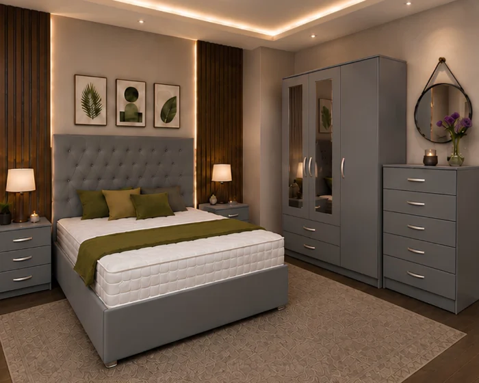 Premium King Size Bed Furniture Set – Three Door Wardrobe Featuring Two Half Mirrors, Two Bottom Drawers & Chest of Five Drawers