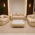 Luxury Taupe 3+2+1 Seater Chesterfield Sofa Set with Gold Trim
