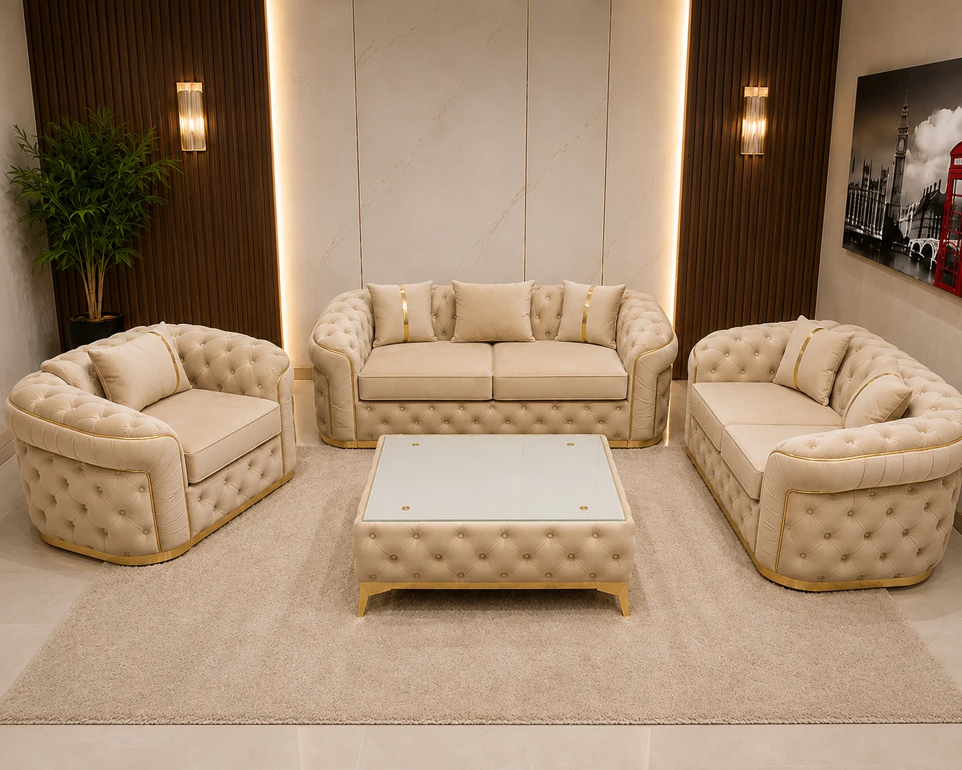 Luxury Cream Velvet Chesterfield Sofa Set with Gold Accents Luxury Taupe 3+2+1 Seater Chesterfield Sofa Set with Gold Trim - Image 1