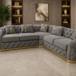 Madrid 5 Seater Grey Velvet Corner Sofa with Gold Trim | Luxury Chesterfield Sofa