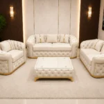 Luxury White 3+2+1 Seater Chesterfield Sofa Set with Gold Trim