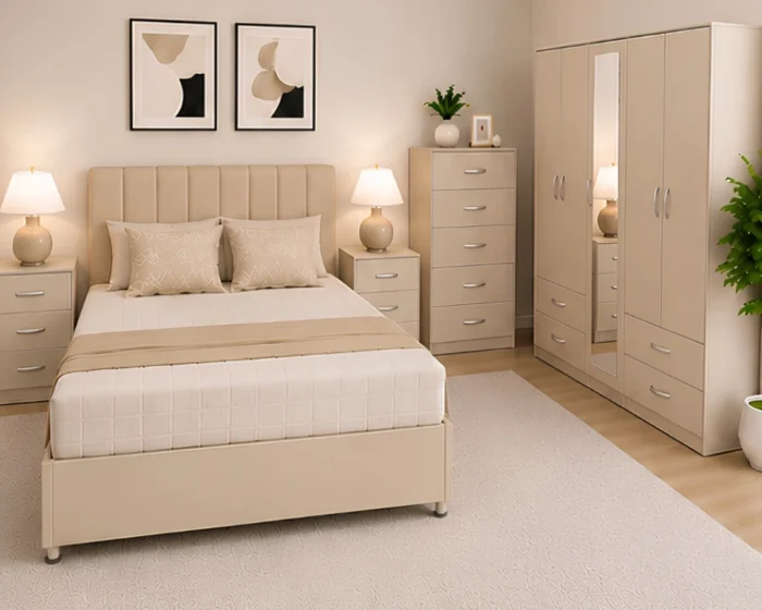 Luxury King Size Bed Furniture Set – Five Door Wardrobe with Four Bottom Drawers – Chest of Five Drawers with Two Bedside Tables
