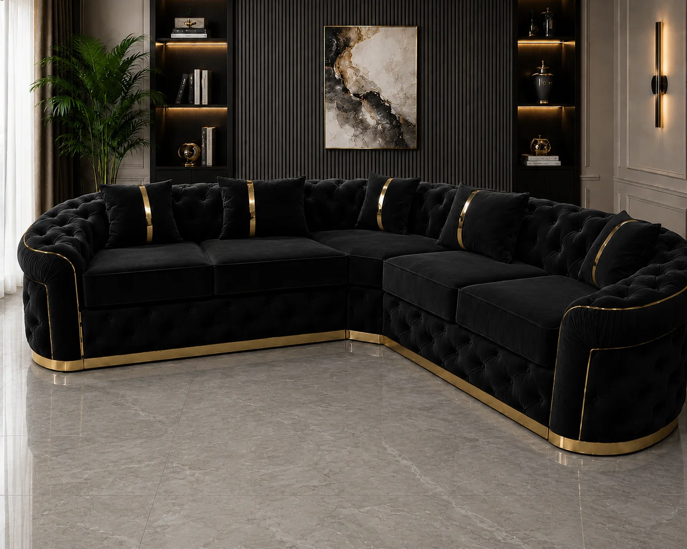 Madrid 5 Seater Luxury Black Corner Sofa Madrid 5 Seater Black Velvet Corner Sofa with Gold Trim - Image 1