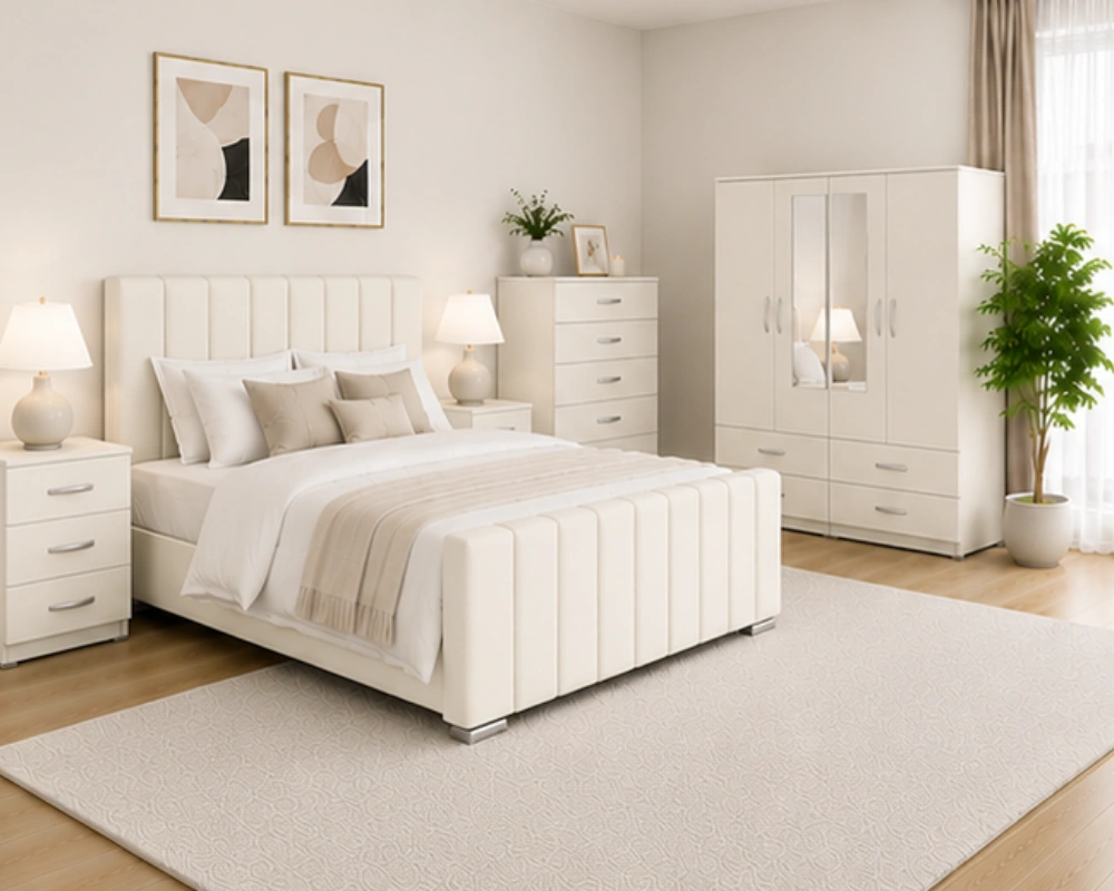 Modern Comfort Bedroom Furniture Suite - Copy Complete Bedroom Furniture Package - King Size Bed - 4 Door Mirror Wardrobe - Five Drawer Chest - Two Bedside Tables - Image 1