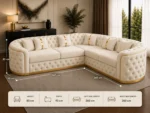 Executive White Velvet L-Shaped Chesterfield Corner Sofa with Gold Trim - Image 6