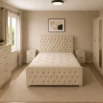 Elegant King Size Bed Set With Four Door Wardrobe With Two Mirrors - Chest of Five Drawers With Two Bed Side Table