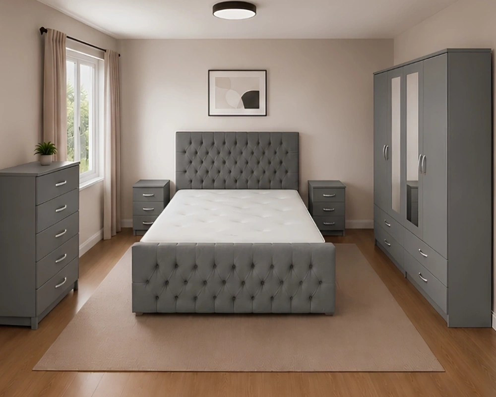 Modern Luxury Grey Bedroom Set with Comfortable Upholstered Bed, Mirrored Wardrobe, Bedside Tables & Elegant Storage Chest King Size Bed Furniture Set - Four Door Wardrobe With Two Mirrors And Four Bottom Drawers - Chest of Five Drawers With Two Bed Side Tables - Image 1