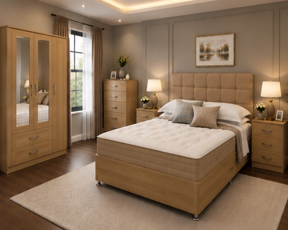 Modern Premium Bedroom Set with King Size Bed, 5 Drawer Chest & Bedside Tables Premium Luxury King Bed Set with Three Door Wardrobe With Four Drawer - Chest of Five Drawers With Two Bed Side Table - Image 1