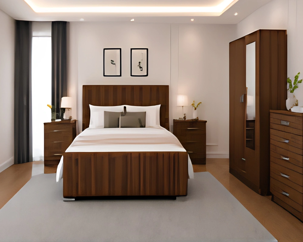 Modern Sophisticated Bedroom Collection Modern King Size Bed Room Set - Two Door Mirror Wardrobe With Bottom Drawer - Chest of Five Drawers - Matching Bedside Tables - Image 1