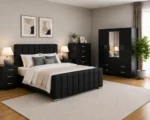 Elegant Bedroom Collection - King Size Bed - Four Door Mirror Wardrobe With Bottom Drawers - Chest of Five Drawers - Two Bedside Tables