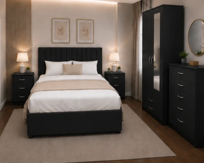 Complete Home Furniture Set - King Size Bed - 2 Door Mirror Wardrobe - Chest of Five Drawers - Two Bedside Tables