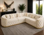 Executive White Velvet L-Shaped Chesterfield Corner Sofa with Gold Trim - Image 4
