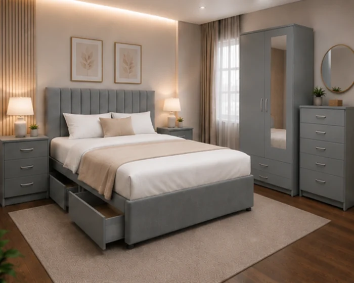 King Size Bed Bedroom Collection - Two Door Mirror Wardrobe With Bottom Drawer - Five Drawer Chest - Bedside Table Pair