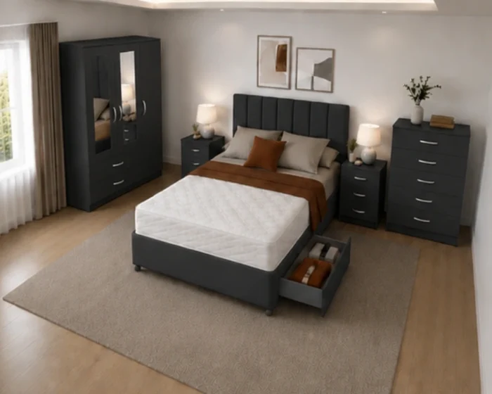 Luxury Bedroom Suite - King Size Bed - 3 Door Wardrobe With Two Full Length Mirrors And Two Bottom Drawers - Chest of Five Drawers - Two Bedside Tables