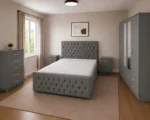 King Size Bed Furniture Set - Four Door Wardrobe With Two Mirrors And Four Bottom Drawers - Chest of Five Drawers With Two Bed Side Tables - Image 3