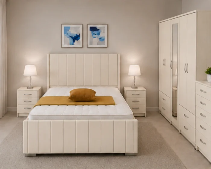 Luxury Cream Color  King Size Bedroom Set - Four Door Wardrobe With Four Drawer - Chest of Five Drawers With Two Bed Side Table