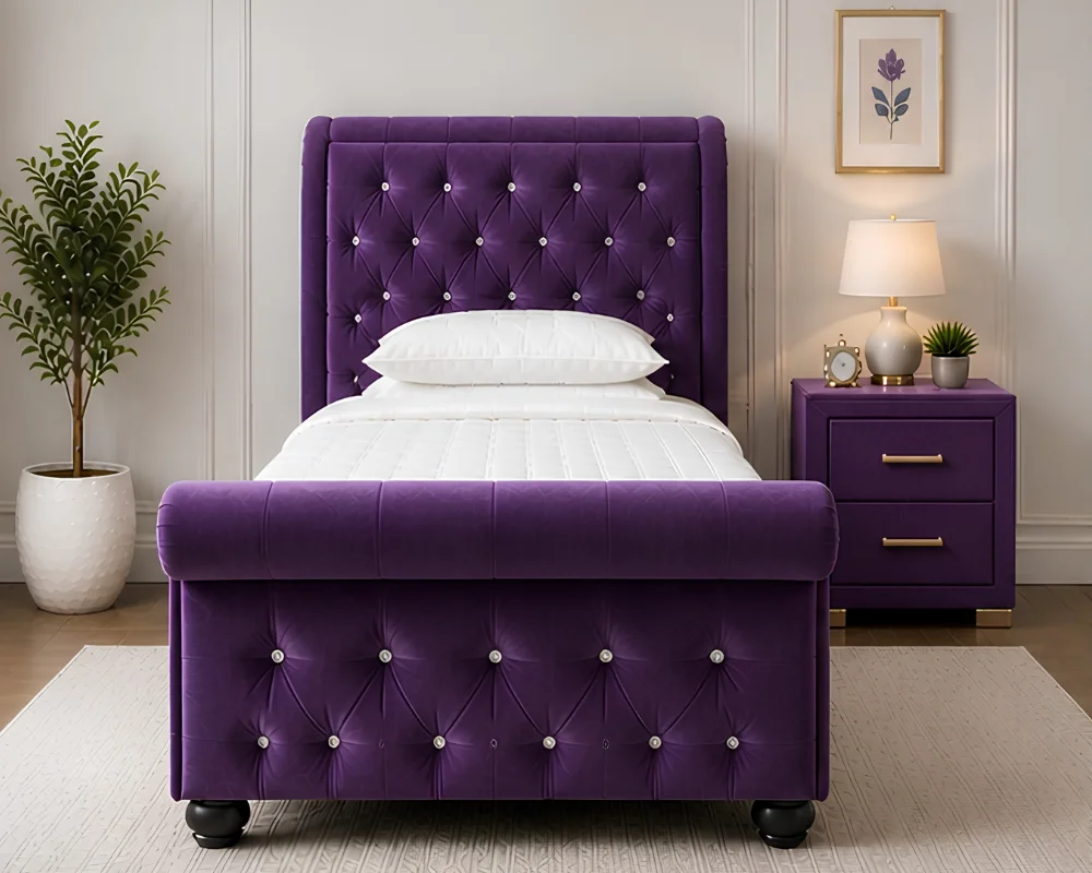 Purple Velvet Bed with Elegant Headboard and Footboard Designer Purple Sleigh Bed Frame – Luxury 3ft Single Bed with mattress - Image 1