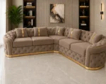Imperial Tufted Corner mink Sofa with Gold Accents | Luxury L-Shaped Velvet Chesterfield Sofa UK