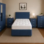 Contemporary Blue King Size Bedroom Collection - three Door Wardrobe With Four Drawer - Chest of Five Drawers With Two Bed Side Table