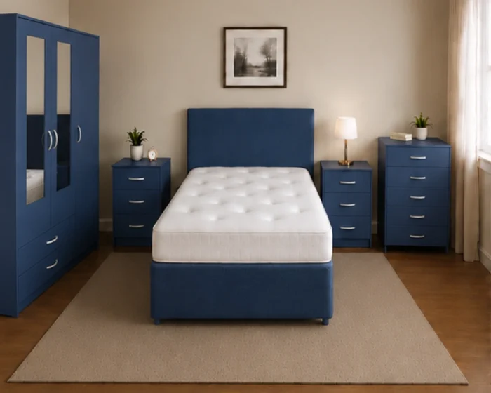 Contemporary Blue King Size Bedroom Collection - three Door Wardrobe With Four Drawer - Chest of Five Drawers With Two Bed Side Table