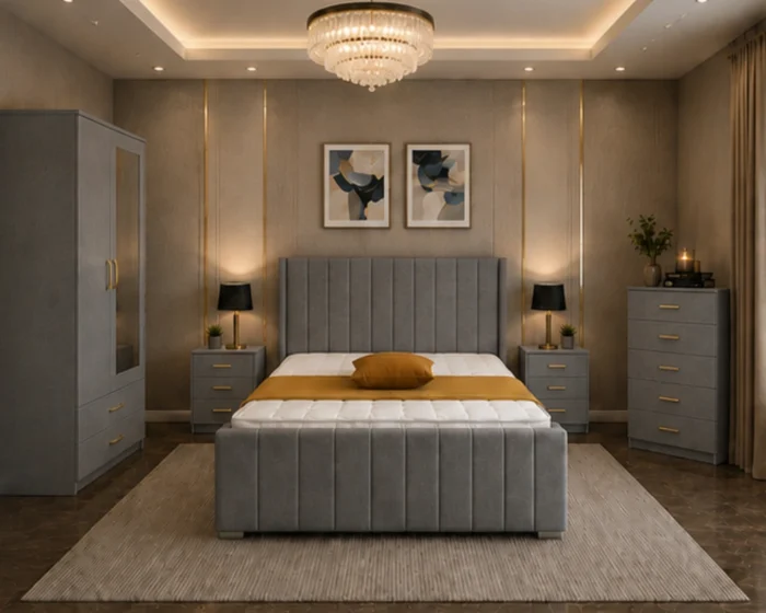 Complete Bedroom Furniture Collection - King Size Bed - Two Door Mirror Wardrobe With Drawer - Five Drawer Chest - Two Bedside Tables