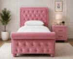 Pink Velvet Sleigh Single Bed Frame with mattress – Premium Upholstered Design