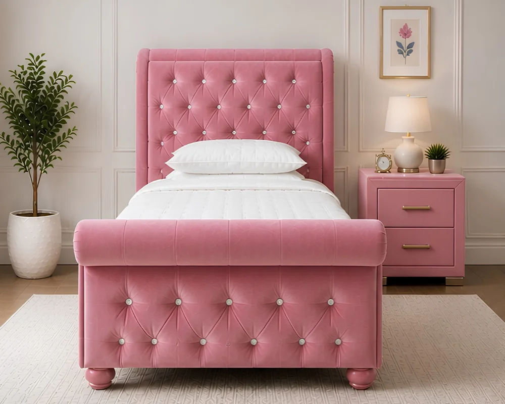 Soft Pink Bed Design for Contemporary Interiors Pink Velvet Sleigh Single Bed Frame with mattress – Premium Upholstered Design - Image 1