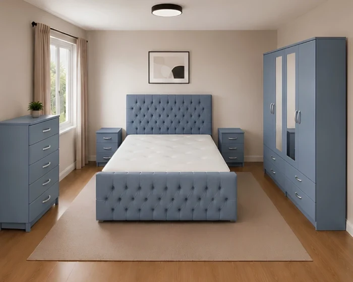 Premium King Size Bed Bedroom Set - Four Door Wardrobe With Two Mirrors And Four Bottom Drawers - Chest of Five Drawers With Two Bed Side Tables