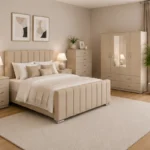 Premium Bedroom Set - King Size Bed - 4 Door Mirror Wardrobe - Five Drawer Chest - Bedside Table Pair