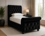 Modern Black Sleigh Bed 3ft – Elegant Upholstered Single Bed with mattress - Image 3