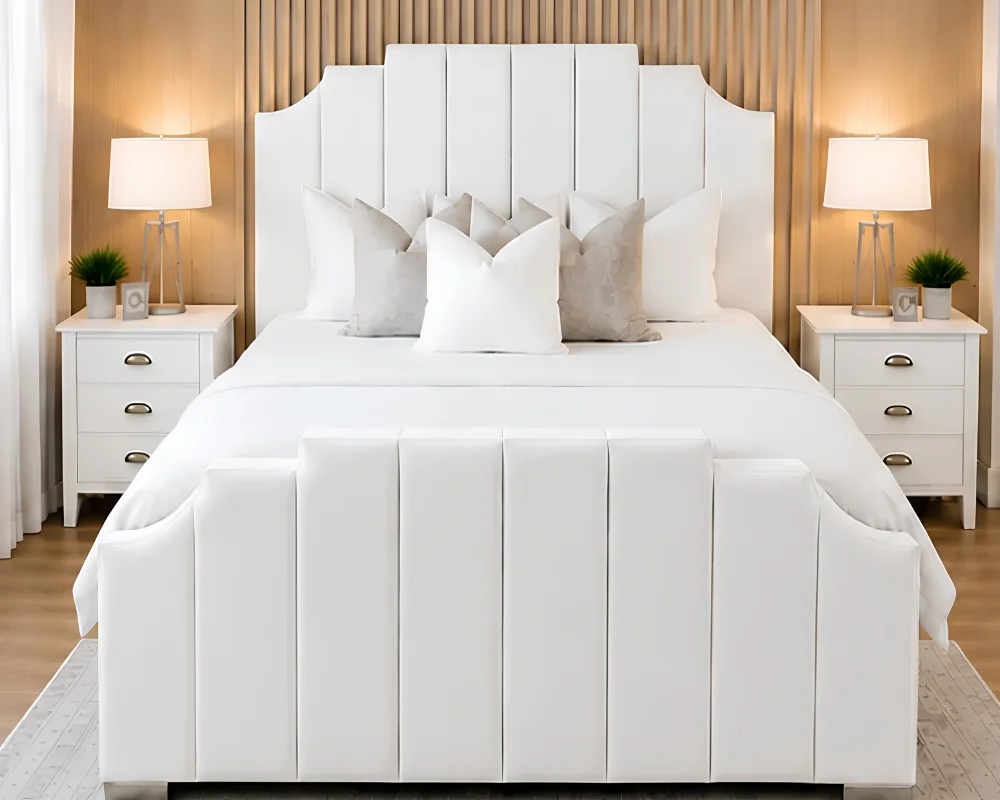 Stylish White Bed White Velvet Arizona Super King Bed with Vertical Panel Headboard-Bed with Mattress - Image 1