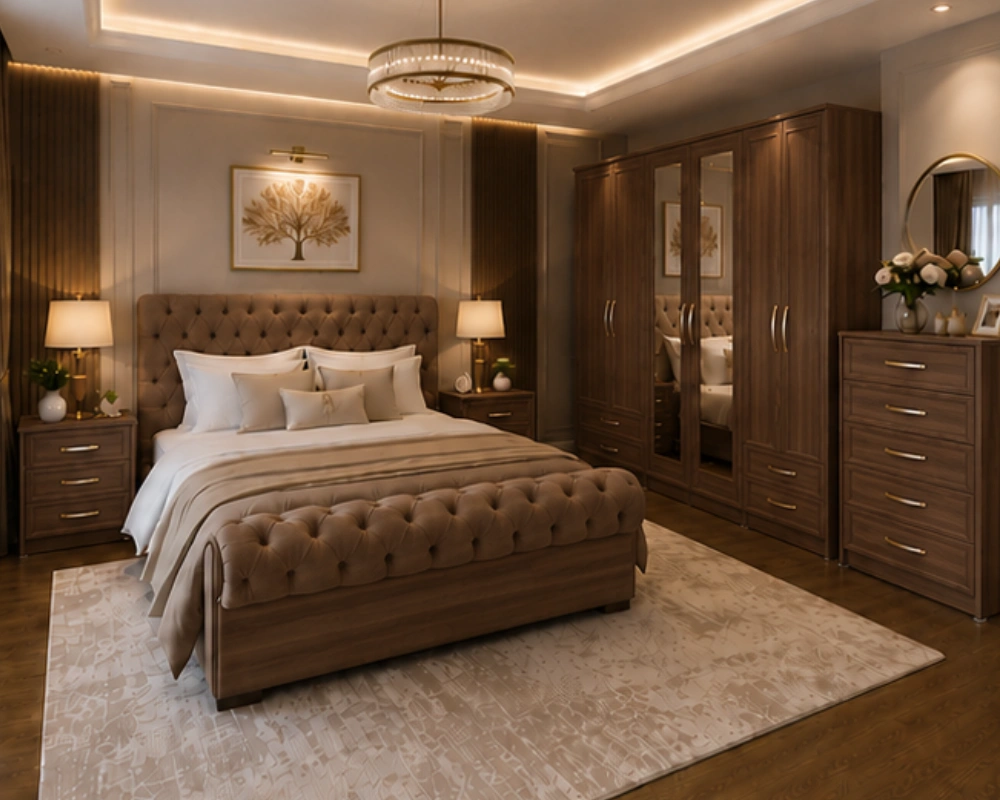 Walnut Royale Complete Bedroom Set King Size Bed Bedroom Furniture Collection - Six Door Wardrobe With Four Drawer - Chest of Five Drawers With Two Bed Side Table - Image 1