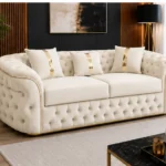 Luxury Off White Chesterfield 3 Seater Sofa with Gold Trim | Velvet Sofa UK