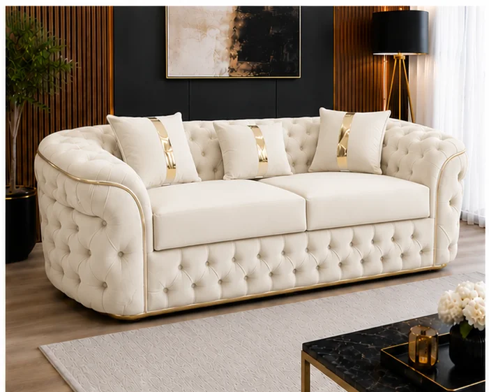 angle_off_white_5x4 Luxury Off White Chesterfield 3 Seater Sofa with Gold Trim | Velvet Sofa UK - Image 1