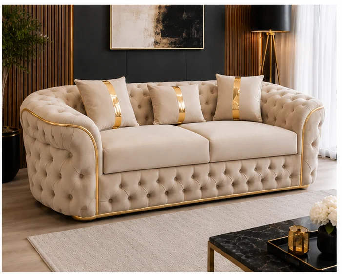 beige_sofa_angle_2 Luxury Beige Chesterfield 3 Seater Sofa with Gold Trim | Velvet Sofa UK - Image 1