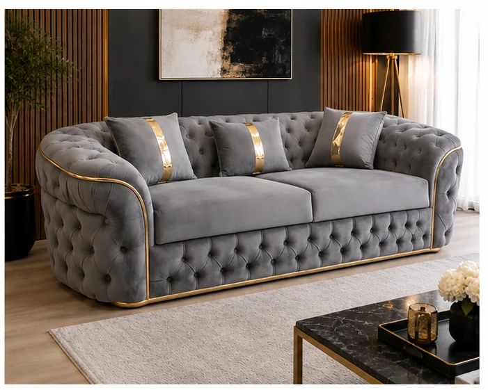 grey_sofa_angle_2 Luxury Grey Chesterfield 3 Seater Sofa with Gold Trim | Velvet Sofa UK - Image 1