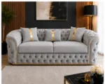 Luxury Light Grey Chesterfield 3 Seater Sofa with Gold Trim | Velvet Sofa UK - Image 2